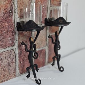 Vtg Cast Iron Partylite Gecko Lizard Leaf Candle Holder Wall Sconce~Set Of 2